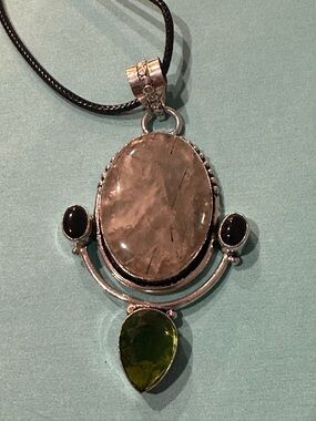 Silver-Tone Pendant Necklace with Gray Oval and Green Teardrop Stones